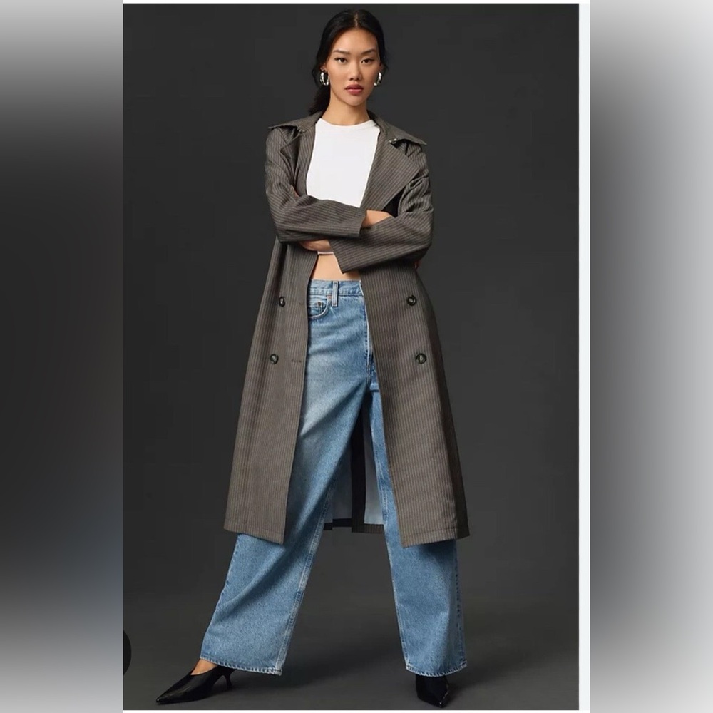 Avec Les Filles Anthropologie Charcoal Pinstripe Trenchcoat